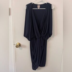 Haute Hippie Draped Navy Blue Sleeveless Rayon Jersey Midi V-Neck Dress Small